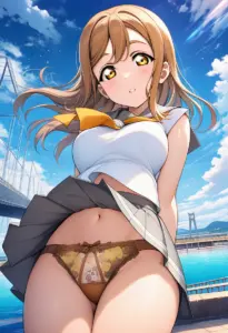 海辺にいる夏服姿の国木田花丸のパンチラ