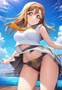 海辺にいる夏服姿の国木田花丸のパンチラ