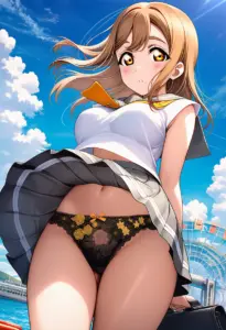 海辺にいる夏服姿の国木田花丸のパンチラ