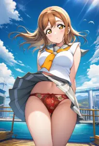 海辺にいる夏服姿の国木田花丸のパンチラ
