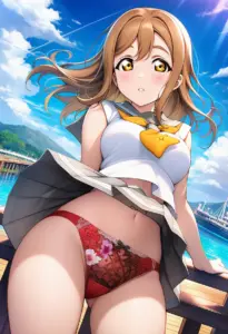 海辺にいる夏服姿の国木田花丸のパンチラ