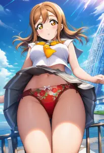 海辺にいる夏服姿の国木田花丸のパンチラ