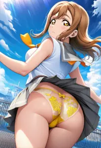 海辺にいる夏服姿の国木田花丸の背面パンチラ