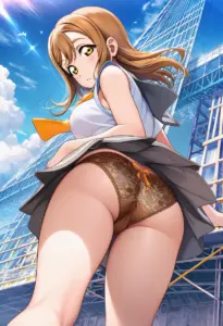 海辺にいる夏服姿の国木田花丸の背面パンチラ