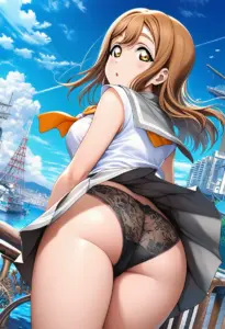 海辺にいる夏服姿の国木田花丸の背面パンチラ