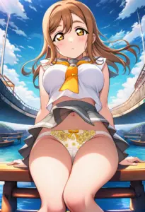 海辺にいる夏服姿の国木田花丸の座りパンチラ