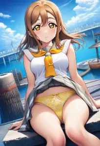 海辺にいる夏服姿の国木田花丸の座りパンチラ