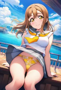 海辺にいる夏服姿の国木田花丸の座りパンチラ