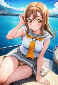 海辺にいる夏服姿の国木田花丸の座りパンチラ