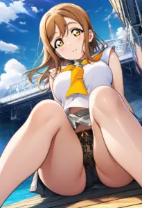 海辺にいる夏服姿の国木田花丸の座りパンチラ