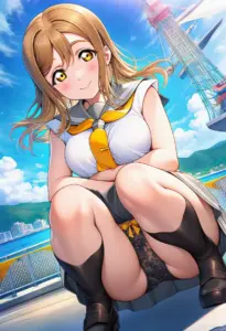 海辺にいる夏服姿の国木田花丸の座りパンチラ