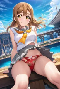 海辺にいる夏服姿の国木田花丸の座りパンチラ