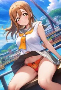 海辺にいる夏服姿の国木田花丸の座りパンチラ