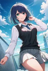 屋上にいる制服姿の黒川あかね