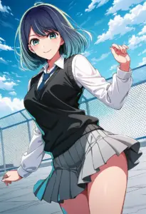 屋上にいる制服姿の黒川あかね
