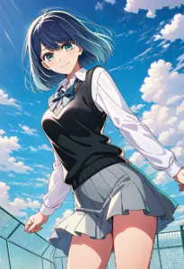 屋上にいる制服姿の黒川あかね