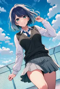 屋上にいる制服姿の黒川あかね