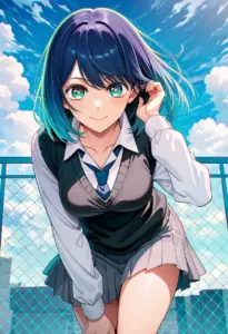 屋上にいる制服姿の黒川あかね