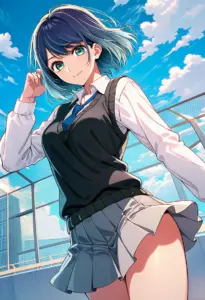 屋上にいる制服姿の黒川あかね