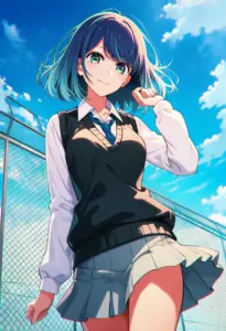 屋上にいる制服姿の黒川あかね