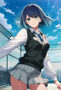 屋上にいる制服姿の黒川あかね