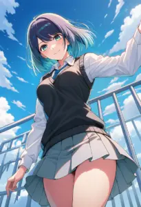 屋上にいる制服姿の黒川あかね