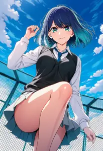 屋上にいる制服姿の黒川あかね