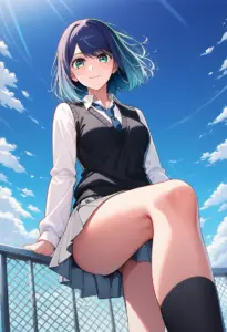 屋上にいる制服姿の黒川あかね