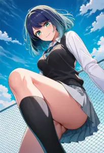 屋上にいる制服姿の黒川あかね