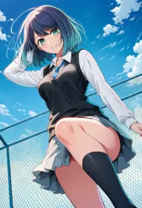 屋上にいる制服姿の黒川あかね
