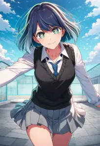 屋上にいる制服姿の黒川あかね