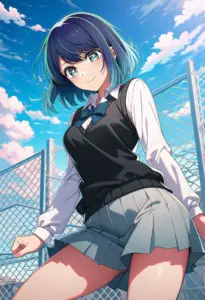 屋上にいる制服姿の黒川あかね