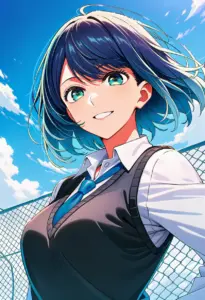 屋上にいる制服姿の黒川あかね、バストアップ