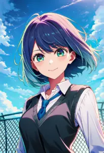 屋上にいる制服姿の黒川あかね、バストアップ