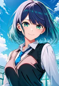 屋上にいる制服姿の黒川あかね、バストアップ