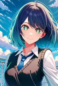 屋上にいる制服姿の黒川あかね、バストアップ