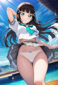 海辺にいる夏服姿の黒澤ダイヤのパンチラ