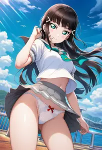 海辺にいる夏服姿の黒澤ダイヤのパンチラ