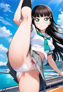 海辺にいる夏服姿の黒澤ダイヤのパンチラ