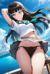 海辺にいる夏服姿の黒澤ダイヤのパンチラ