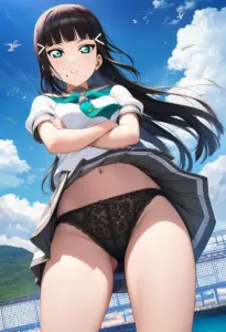 海辺にいる夏服姿の黒澤ダイヤのパンチラ