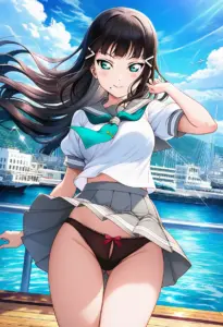 海辺にいる夏服姿の黒澤ダイヤのパンチラ
