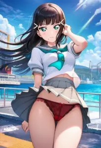 海辺にいる夏服姿の黒澤ダイヤのパンチラ
