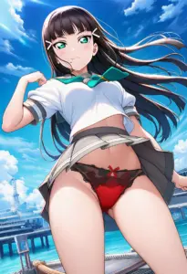 海辺にいる夏服姿の黒澤ダイヤのパンチラ