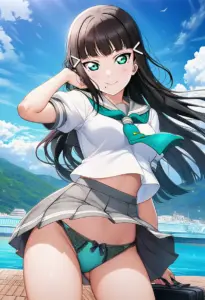 海辺にいる夏服姿の黒澤ダイヤのパンチラ