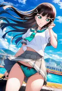 海辺にいる夏服姿の黒澤ダイヤのパンチラ