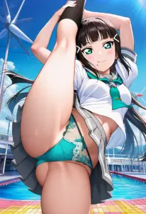 海辺にいる夏服姿の黒澤ダイヤのパンチラ