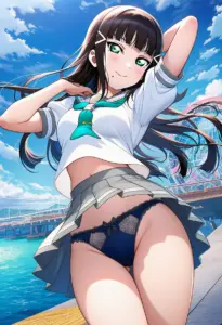 海辺にいる夏服姿の黒澤ダイヤのパンチラ