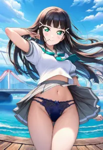 海辺にいる夏服姿の黒澤ダイヤのパンチラ