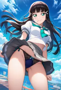 海辺にいる夏服姿の黒澤ダイヤのパンチラ